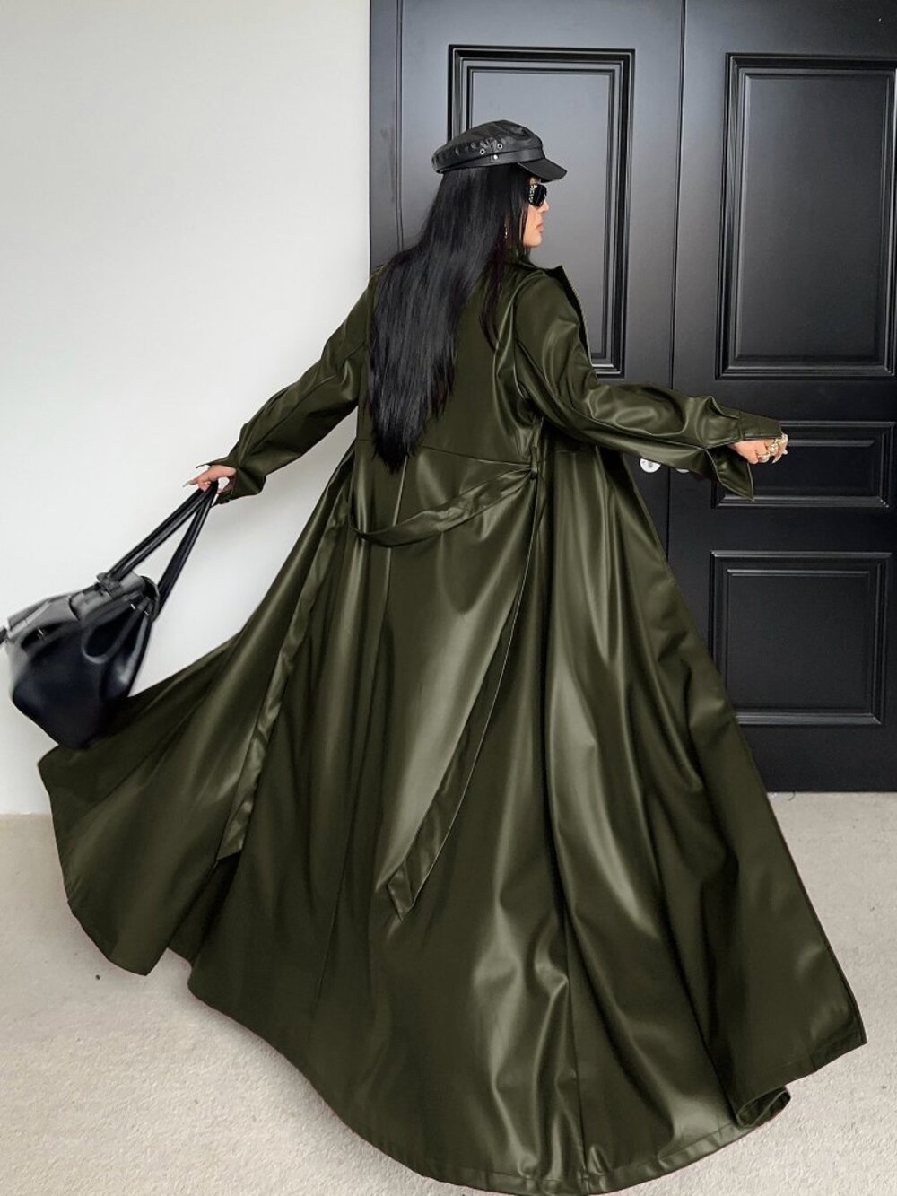 Army Green Casual Women's Plus Size Lapel Long Sleeve faux leather Trench Coat